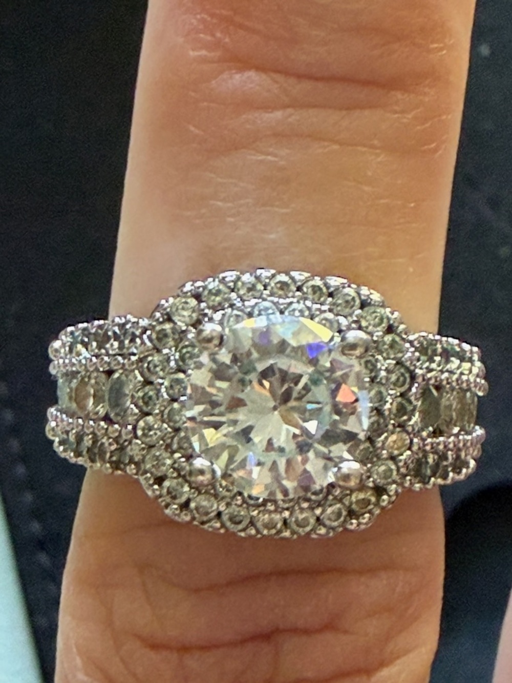 925 Sterling Silver Cubic Zirconia Cushion Halo Engagement Ring Wide Pave Band 6